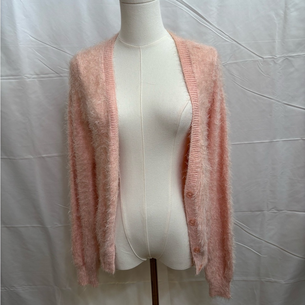 Wild Pearl Pink Fuzzy Eyelash Knit Cardigan Small Soft Girl Coquette
